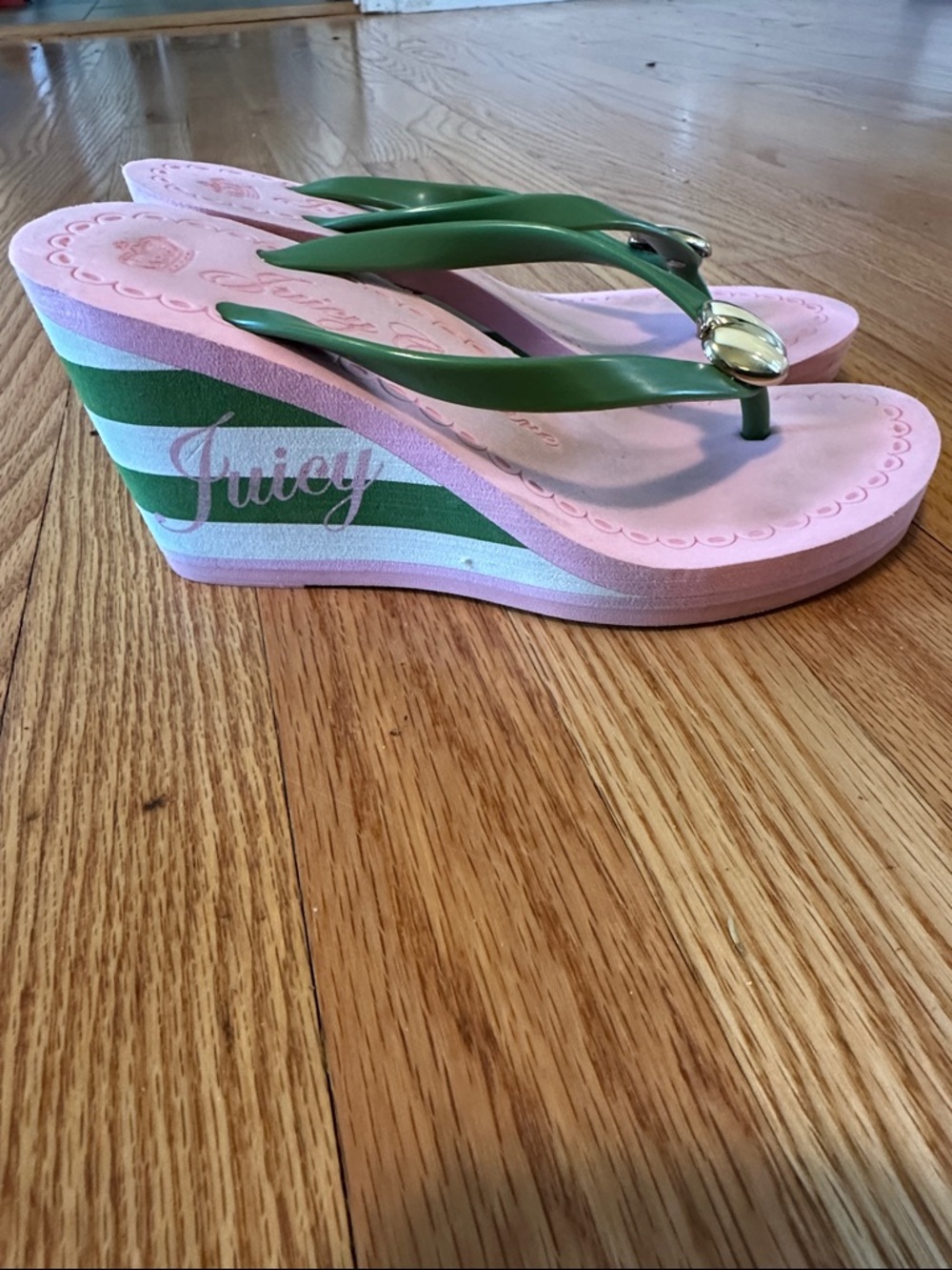 Juicy Couture Pink and Green Logo Accent Flip Flops - Picture 2 of 3